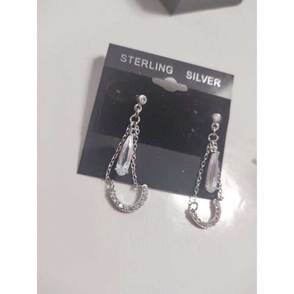 Sterling Silver 925 & Cubic Zirconia Stud Dangle Earrings New in Box - Picture 2 of 8